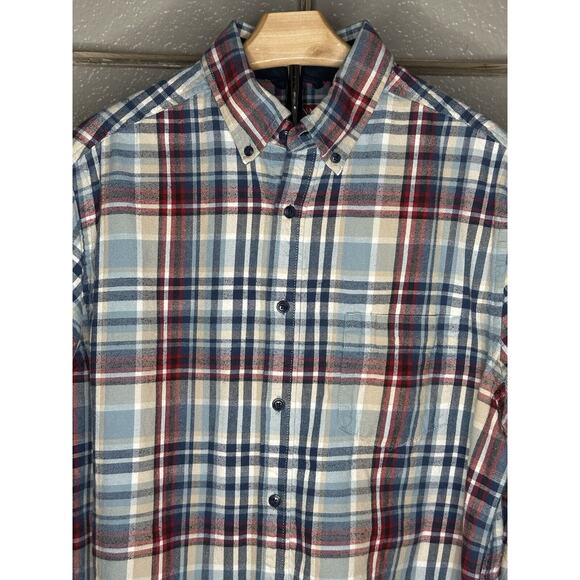 Merona Mens Flannel Shirt Sz Med. Button Down Cotton Long Sleeve Blue Red Tan - Picture 2 of 11